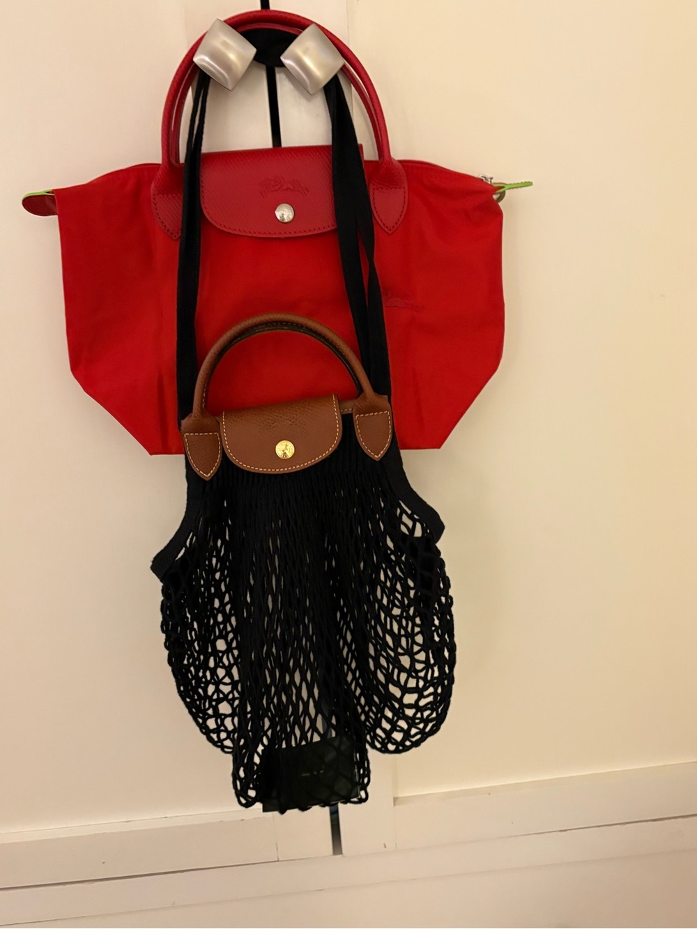 Longchamp Red Nylon 2 bags Tote with Black Mesh Shopper and Brown Trim